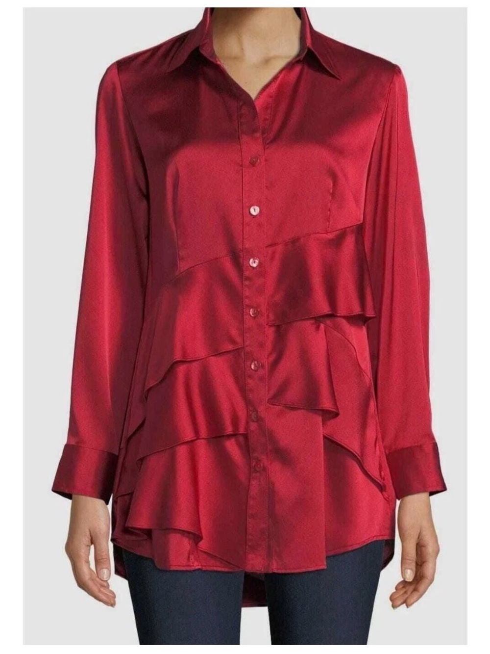 Finley Womens M Jenna Button Up Satin Tiered Ruffle Tunic Blouse Red Career